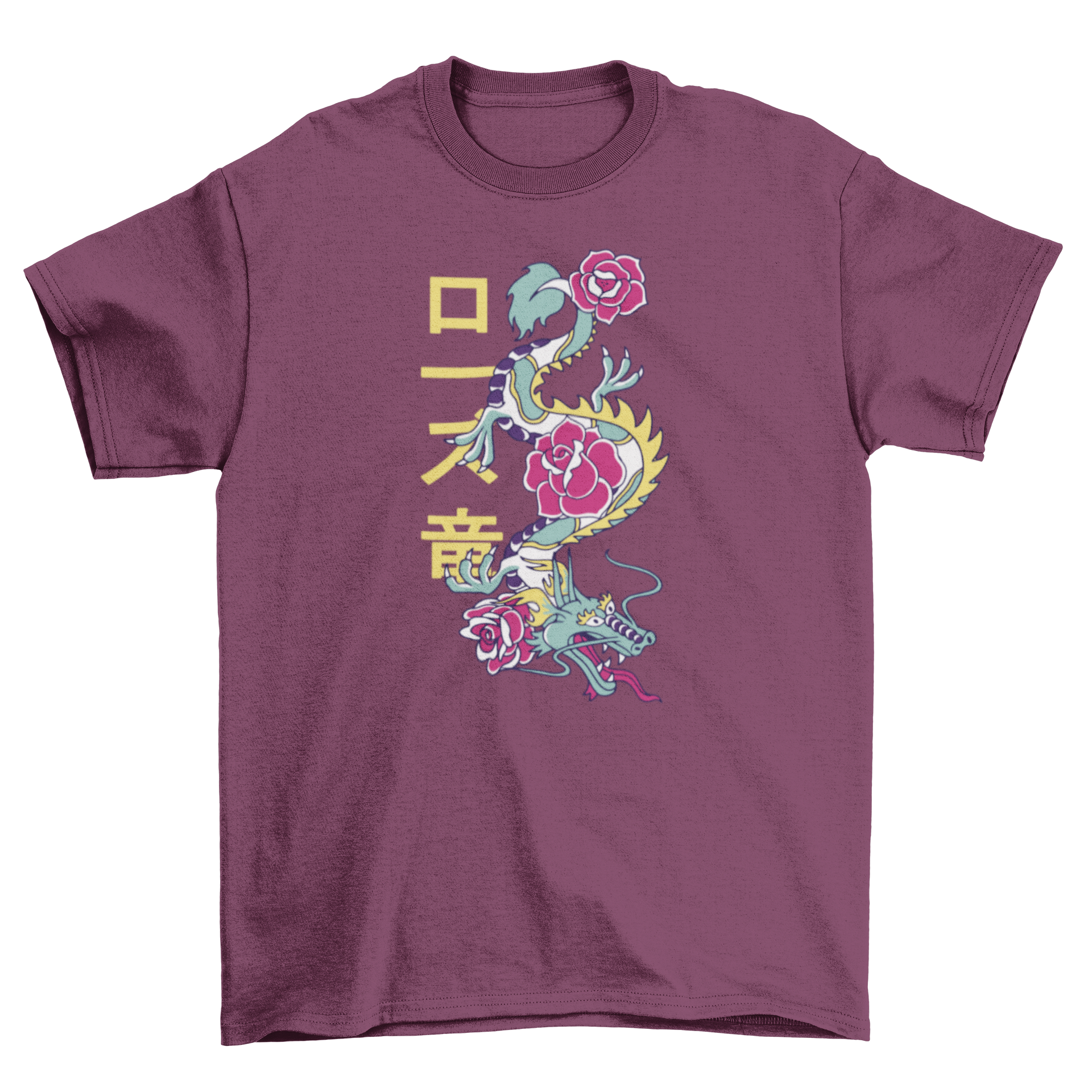 A colorful t-shirt featuring a dragon entwined with roses, showcasing vibrant colors and intricate design.