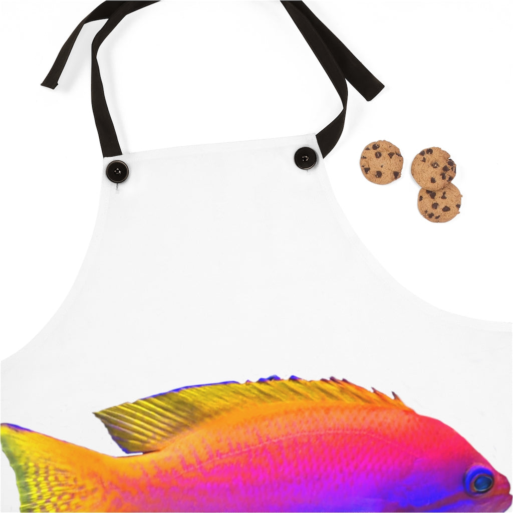 Colorful Fish Apron featuring a vibrant fish design, lightweight polyester material, and black detachable twill straps.