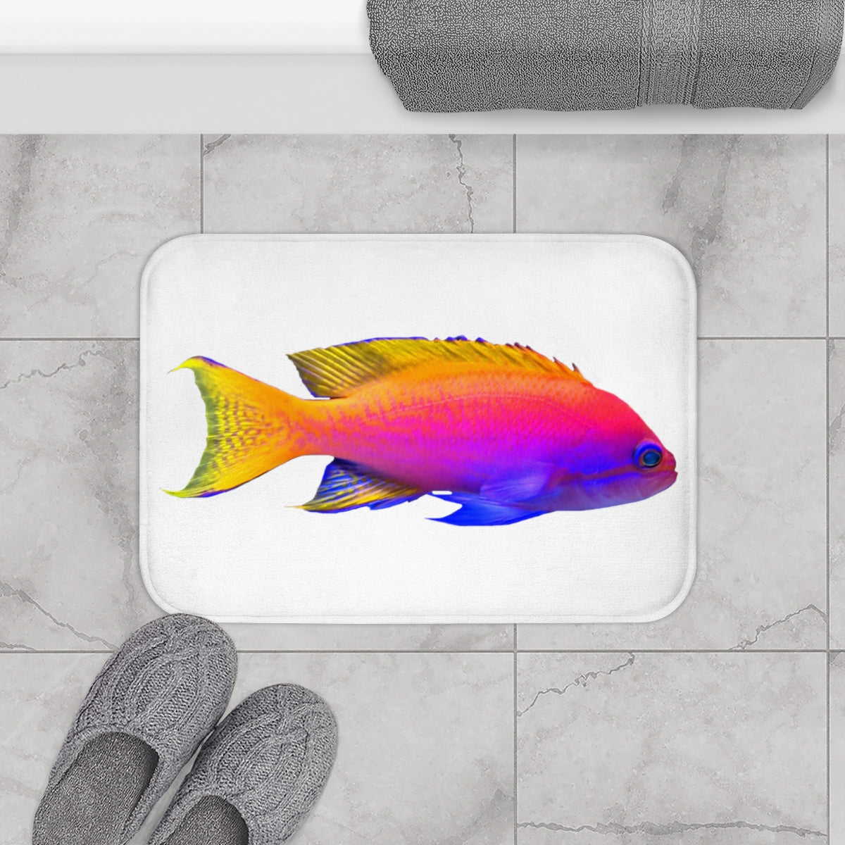 Colorful Fish Bath Mat featuring vibrant fish patterns and anti-slip backing, perfect for bathroom decor.