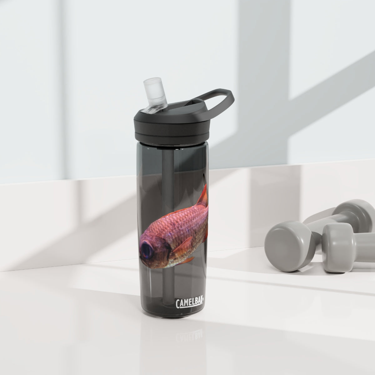 Colorful Fish CamelBak Eddy® Water Bottle in vibrant colors, showcasing its durable design and easy-carry handle.