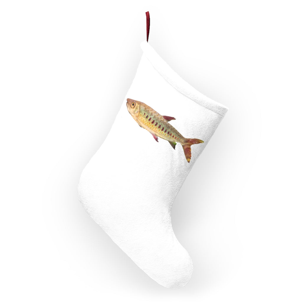 Colorful Fish Christmas Stockings hanging by a fireplace, showcasing vibrant fish patterns and festive colors.