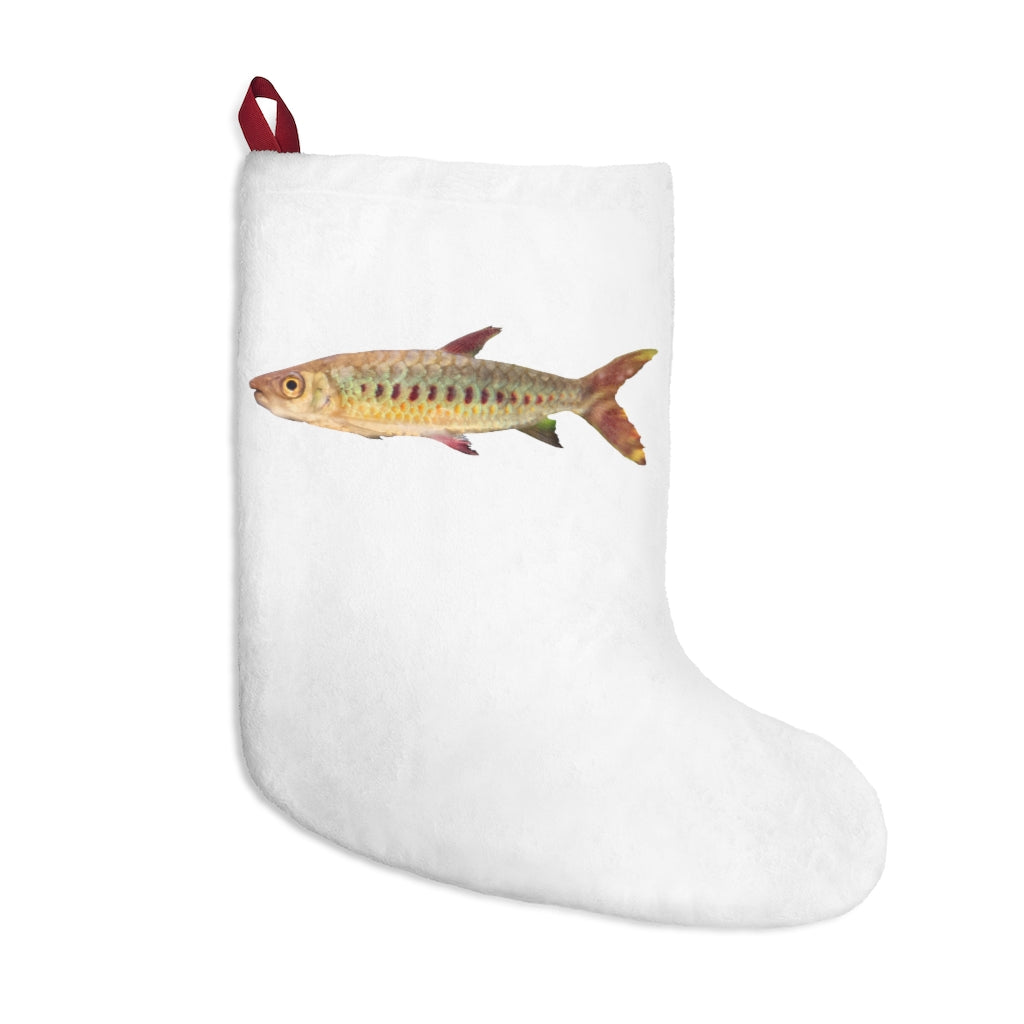 Colorful Fish Christmas Stockings hanging by a fireplace, showcasing vibrant fish patterns and festive colors.