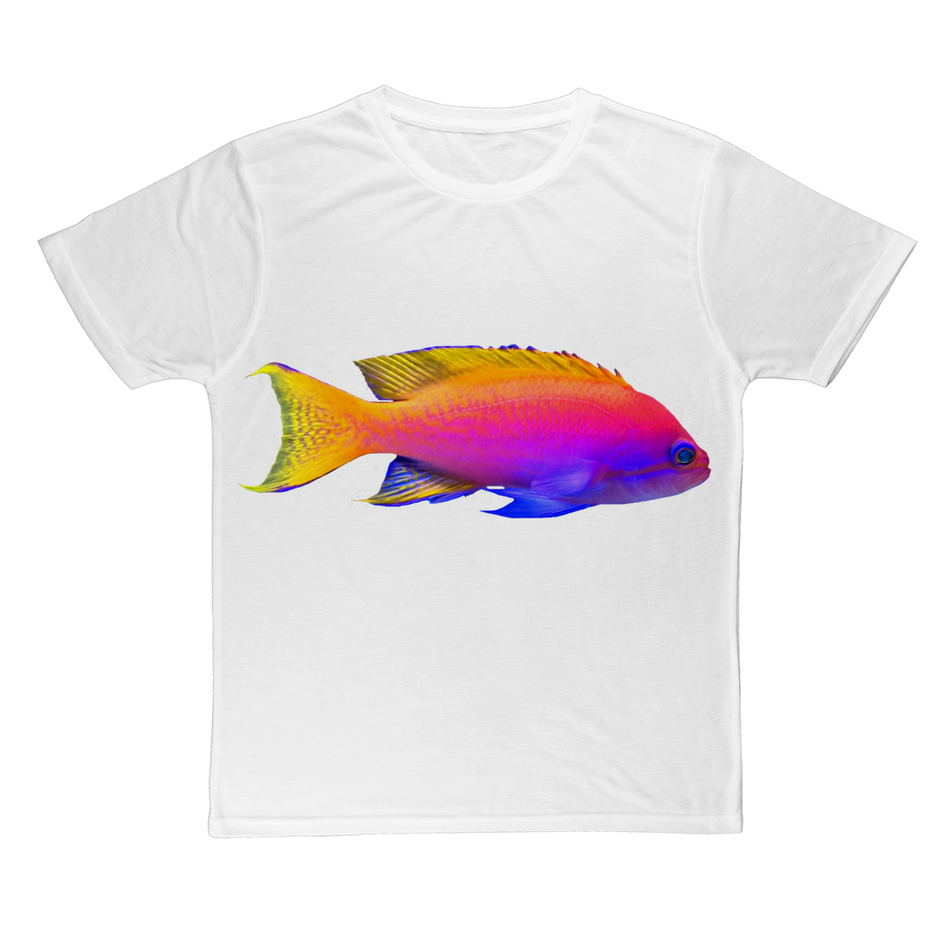 Colorful Fish Classic Sublimation Adult T-Shirt featuring a vibrant fish design on a soft polyester fabric.