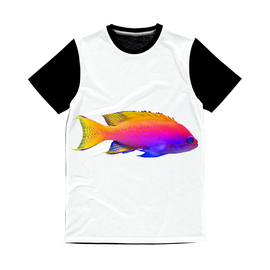 Colorful Fish Classic Sublimation Panel T-Shirt featuring vibrant fish design on the front and plain black back, perfect for sublimation printing.