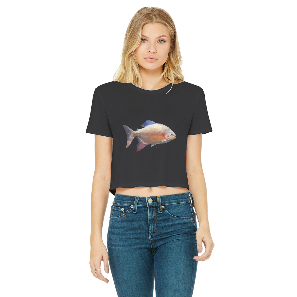 Colorful Fish Classic Women's Cropped Raw Edge T-Shirt featuring a vibrant fish print and stylish raw edge hem.