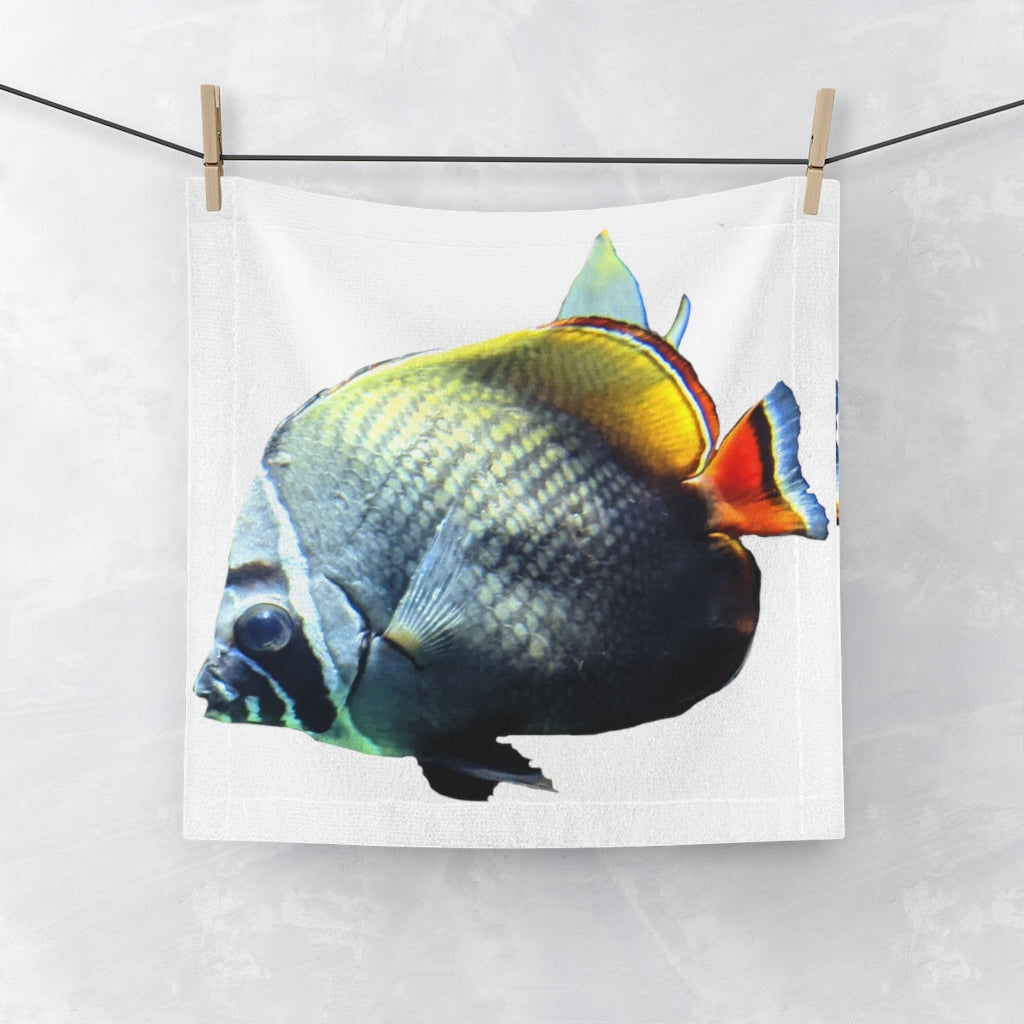 Colorful Fish Face Towel featuring a vibrant design on a polyester front and soft cotton back, perfect for bathroom use.