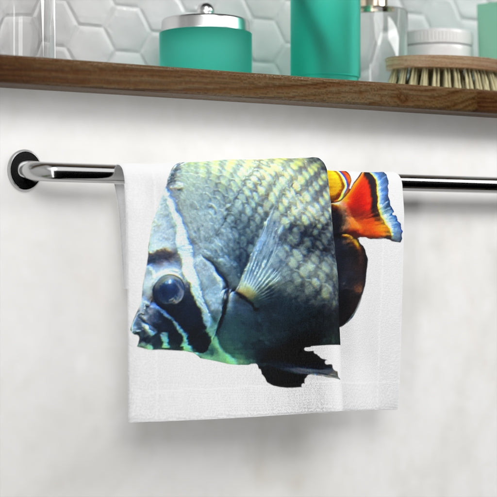 Colorful Fish Face Towel featuring a vibrant design on a polyester front and soft cotton back, perfect for bathroom use.