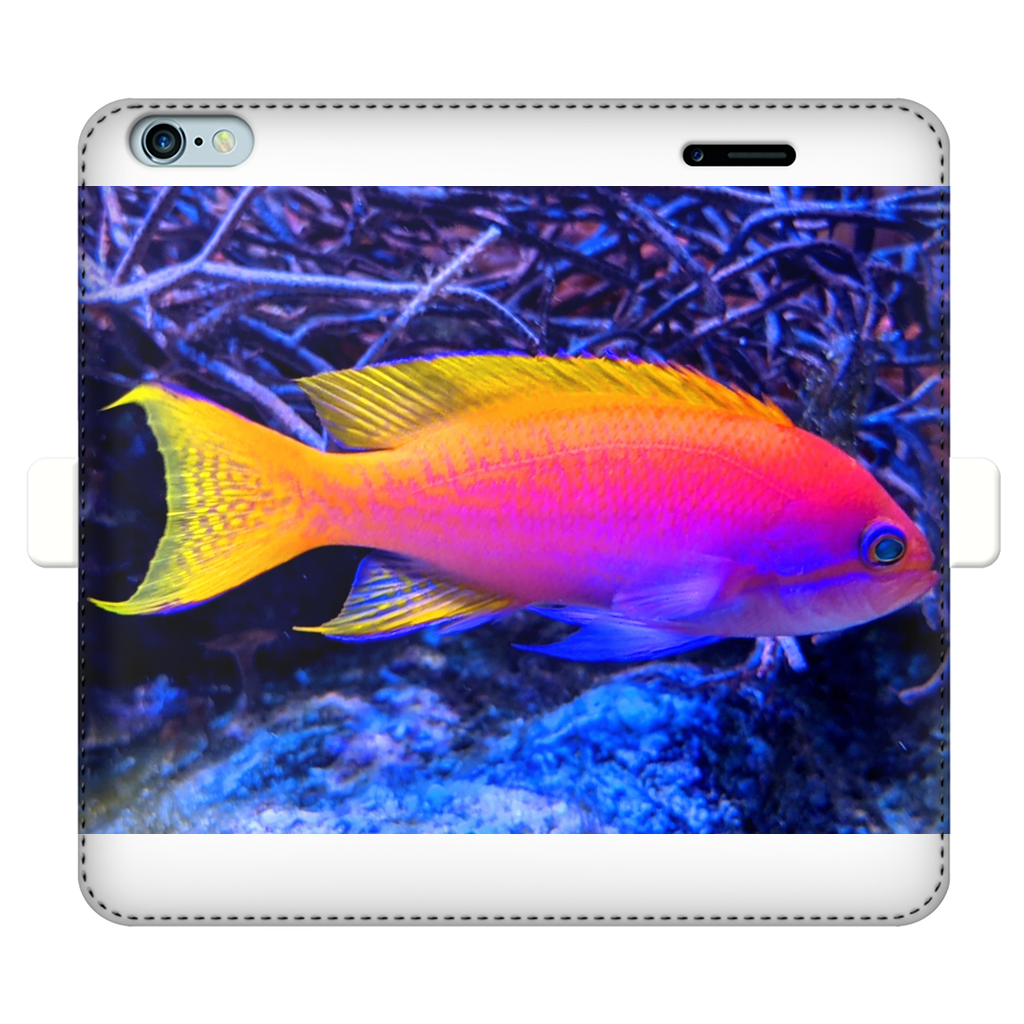 Colorful Fish Fully Printed Wallet Case for iPhone and Samsung, showcasing vibrant fish designs on a white faux leather exterior.