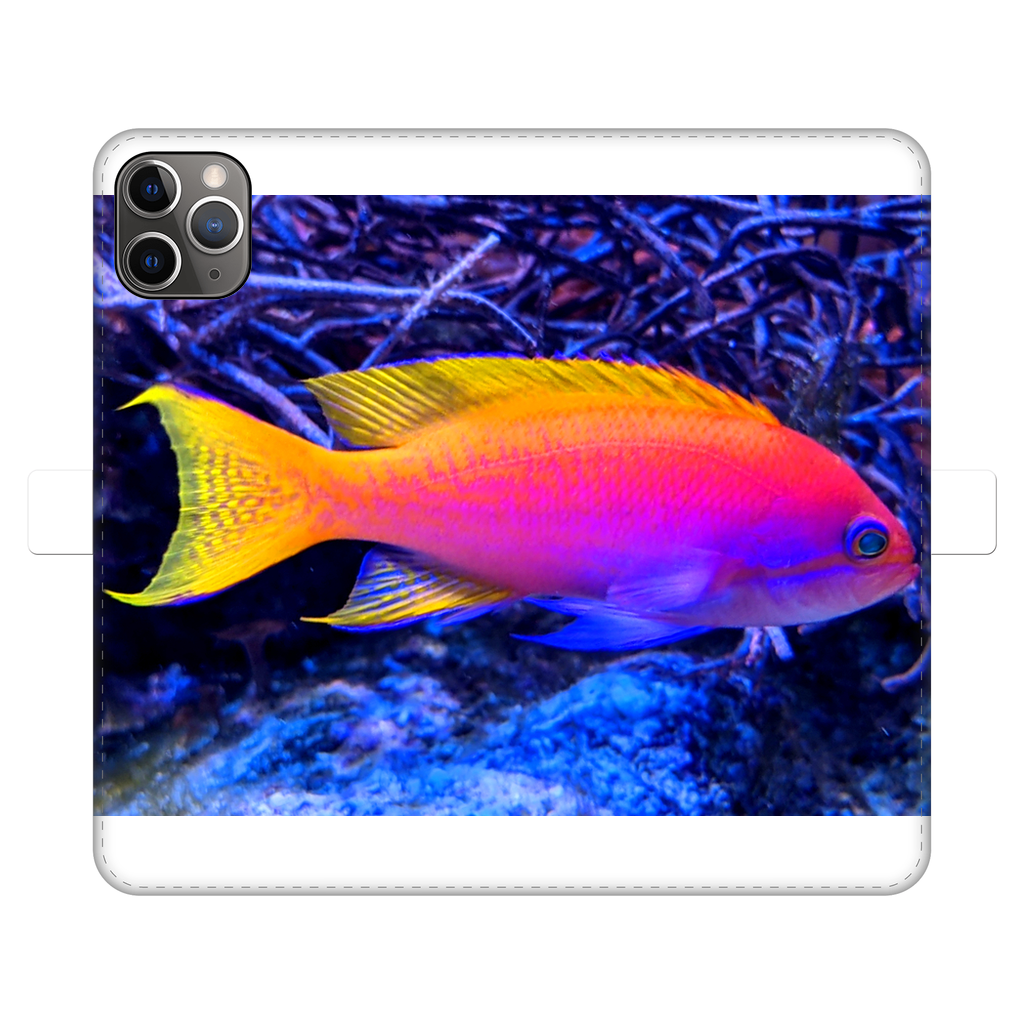 Colorful Fish Fully Printed Wallet Case for iPhone and Samsung, showcasing vibrant fish designs on a white faux leather exterior.