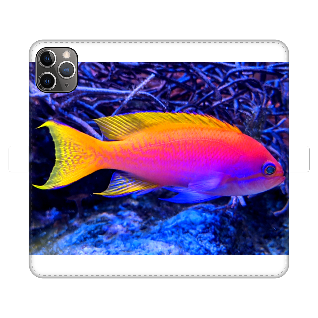 Colorful Fish Fully Printed Wallet Case for iPhone and Samsung, showcasing vibrant fish designs on a white faux leather exterior.