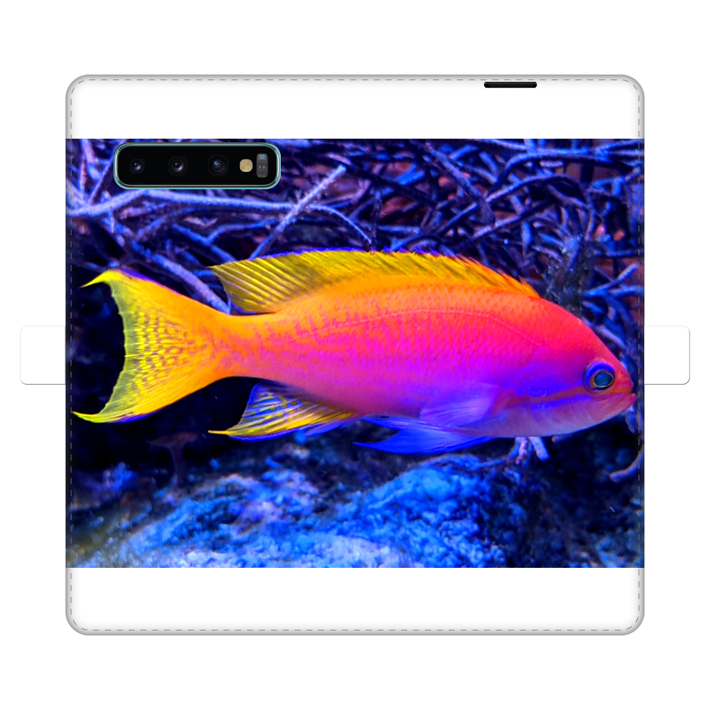 Colorful Fish Fully Printed Wallet Case for iPhone and Samsung, showcasing vibrant fish designs on a white faux leather exterior.
