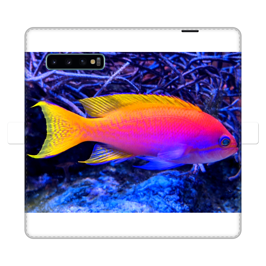 Colorful Fish Fully Printed Wallet Case for iPhone and Samsung, showcasing vibrant fish designs on a white faux leather exterior.