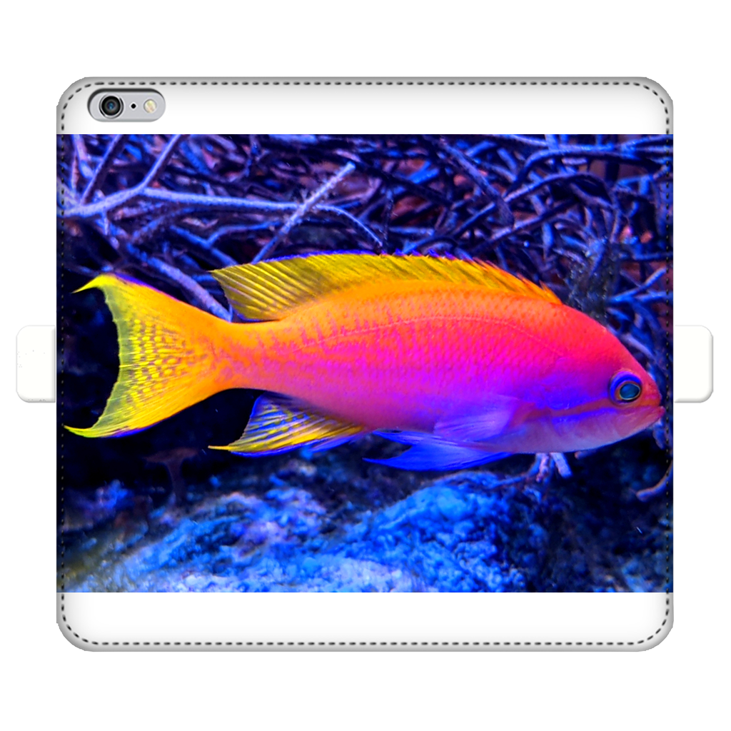 Colorful Fish Fully Printed Wallet Case for iPhone and Samsung, showcasing vibrant fish designs on a white faux leather exterior.