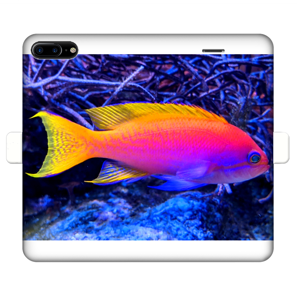 Colorful Fish Fully Printed Wallet Case for iPhone and Samsung, showcasing vibrant fish designs on a white faux leather exterior.