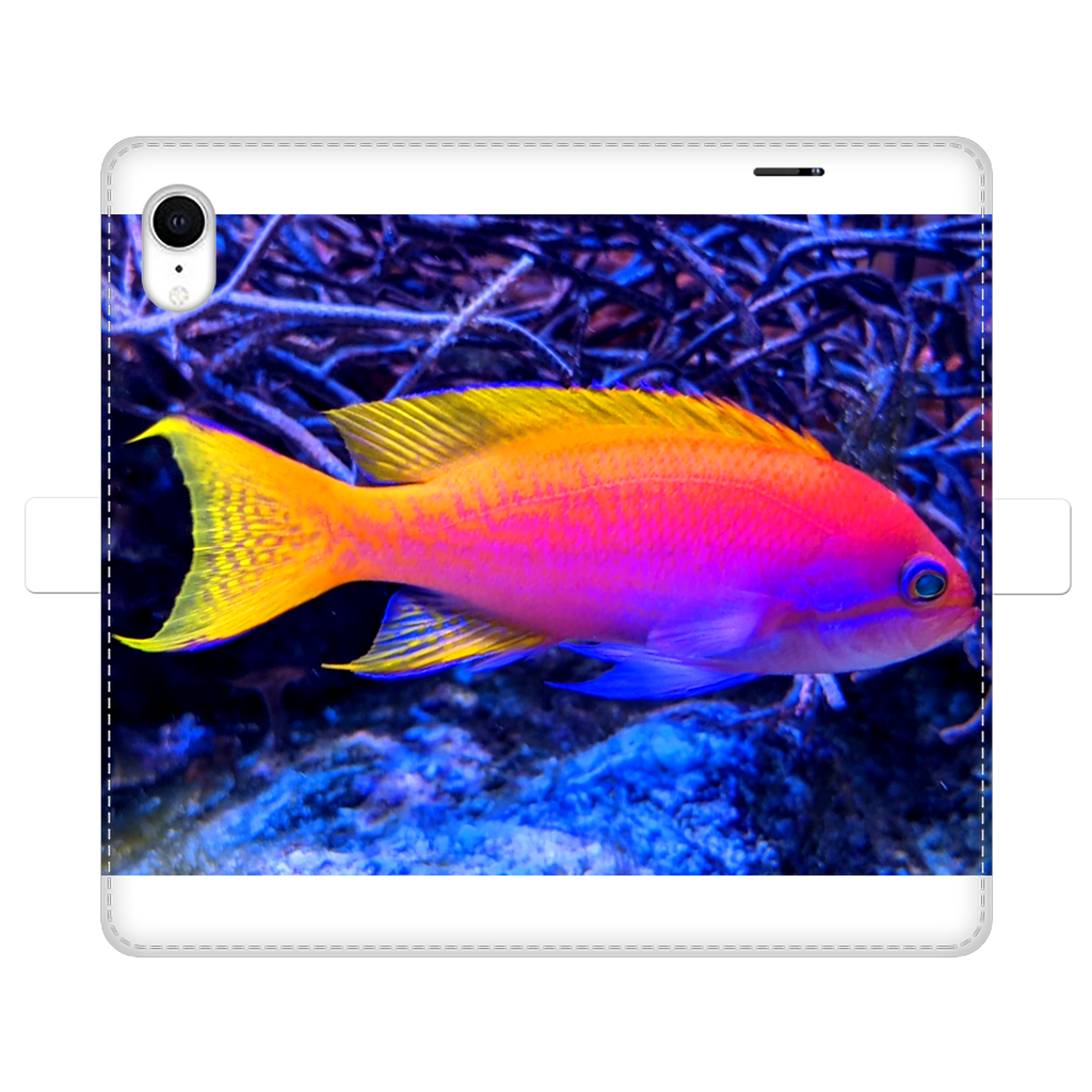 Colorful Fish Fully Printed Wallet Case for iPhone and Samsung, showcasing vibrant fish designs on a white faux leather exterior.