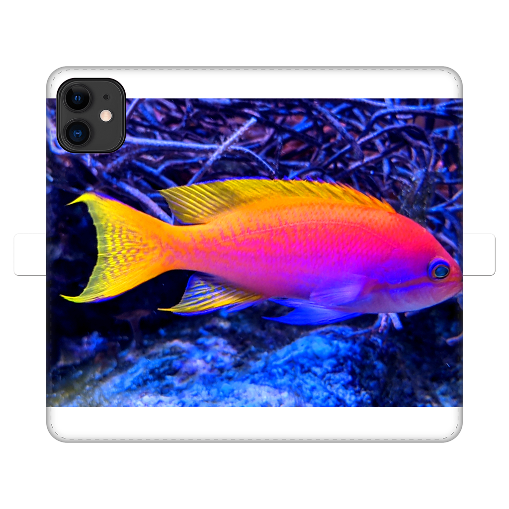 Colorful Fish Fully Printed Wallet Case for iPhone and Samsung, showcasing vibrant fish designs on a white faux leather exterior.