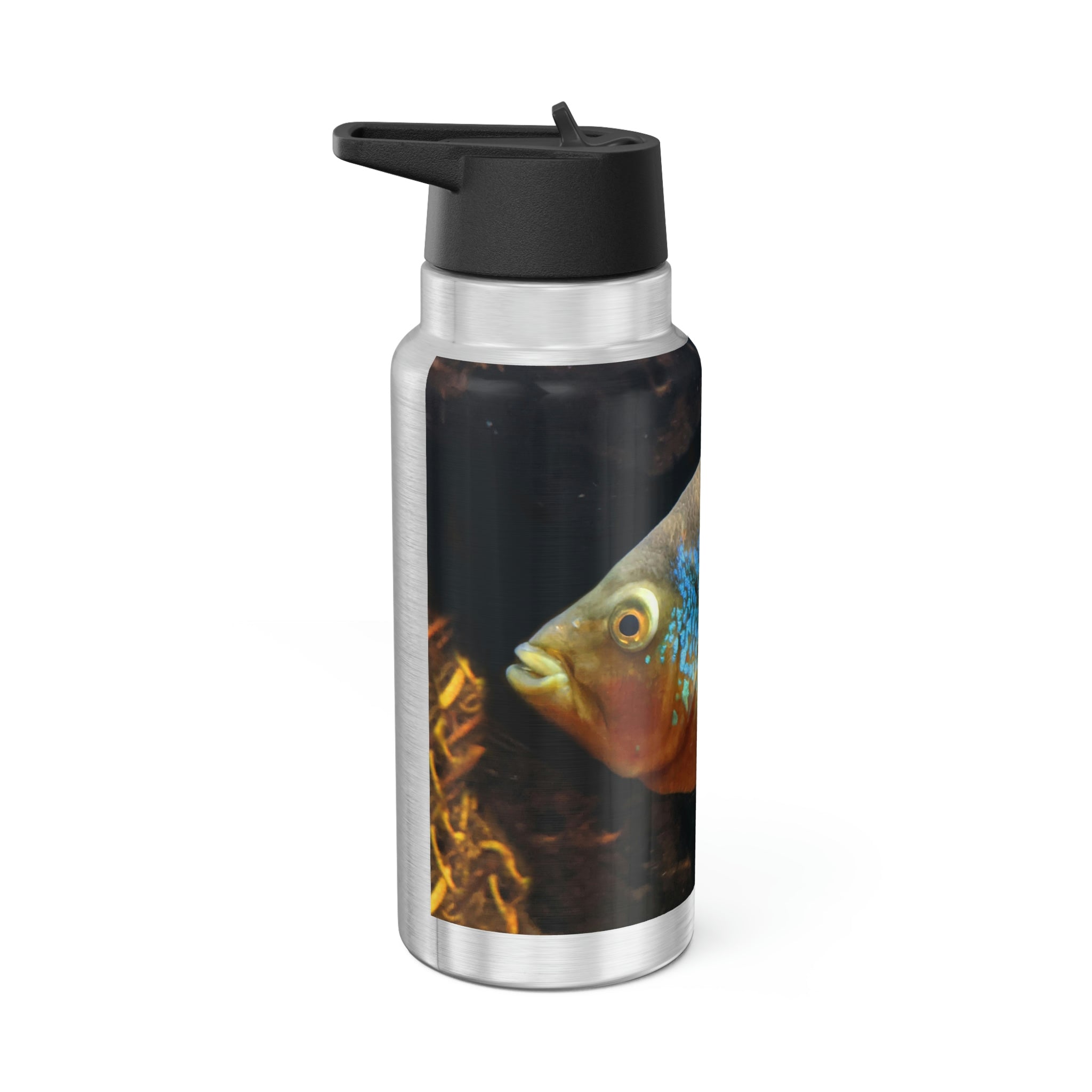 Colorful Fish Gator Tumbler, 32oz, featuring vibrant designs and a stainless steel body with a plastic straw.