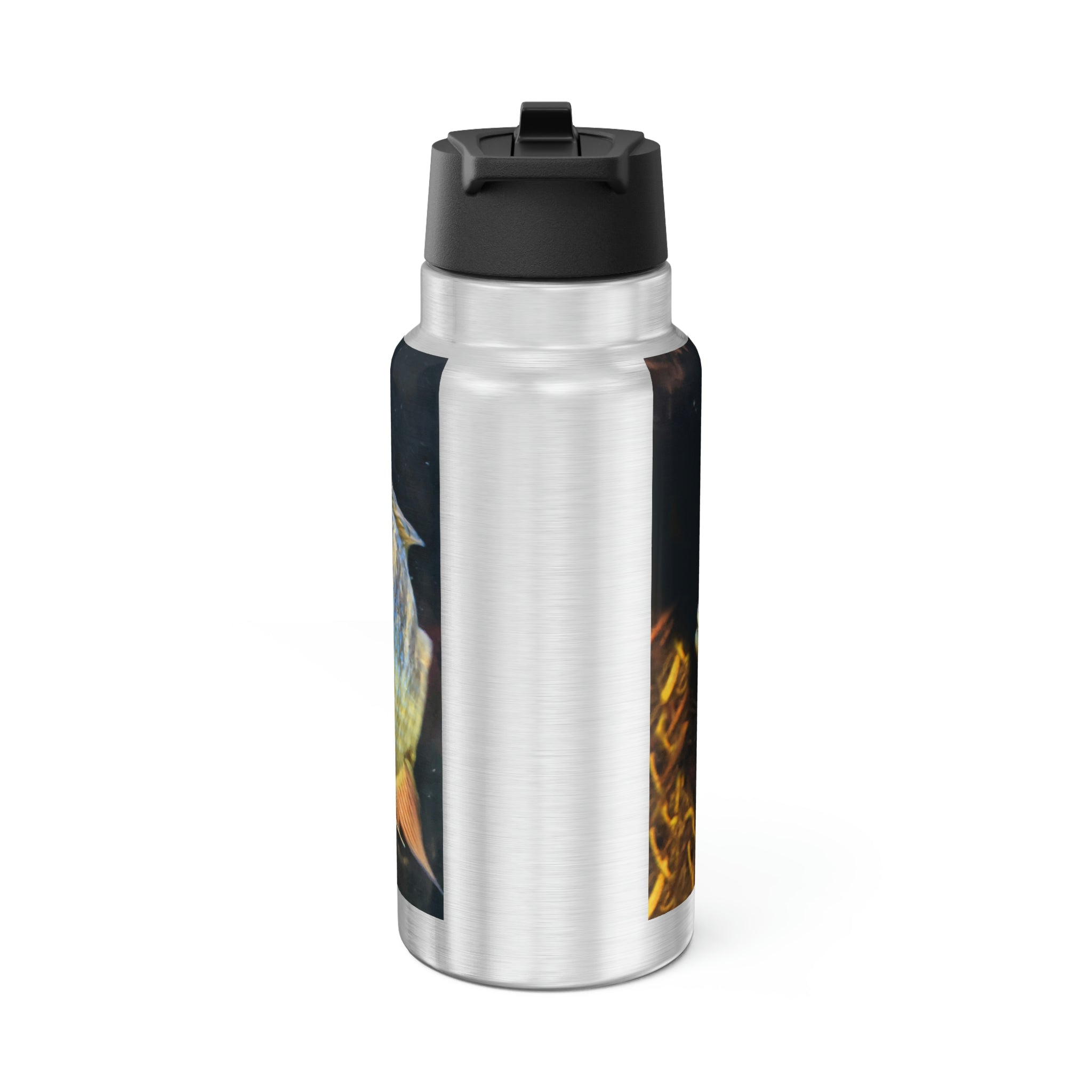 Colorful Fish Gator Tumbler, 32oz, featuring vibrant designs and a stainless steel body with a plastic straw.