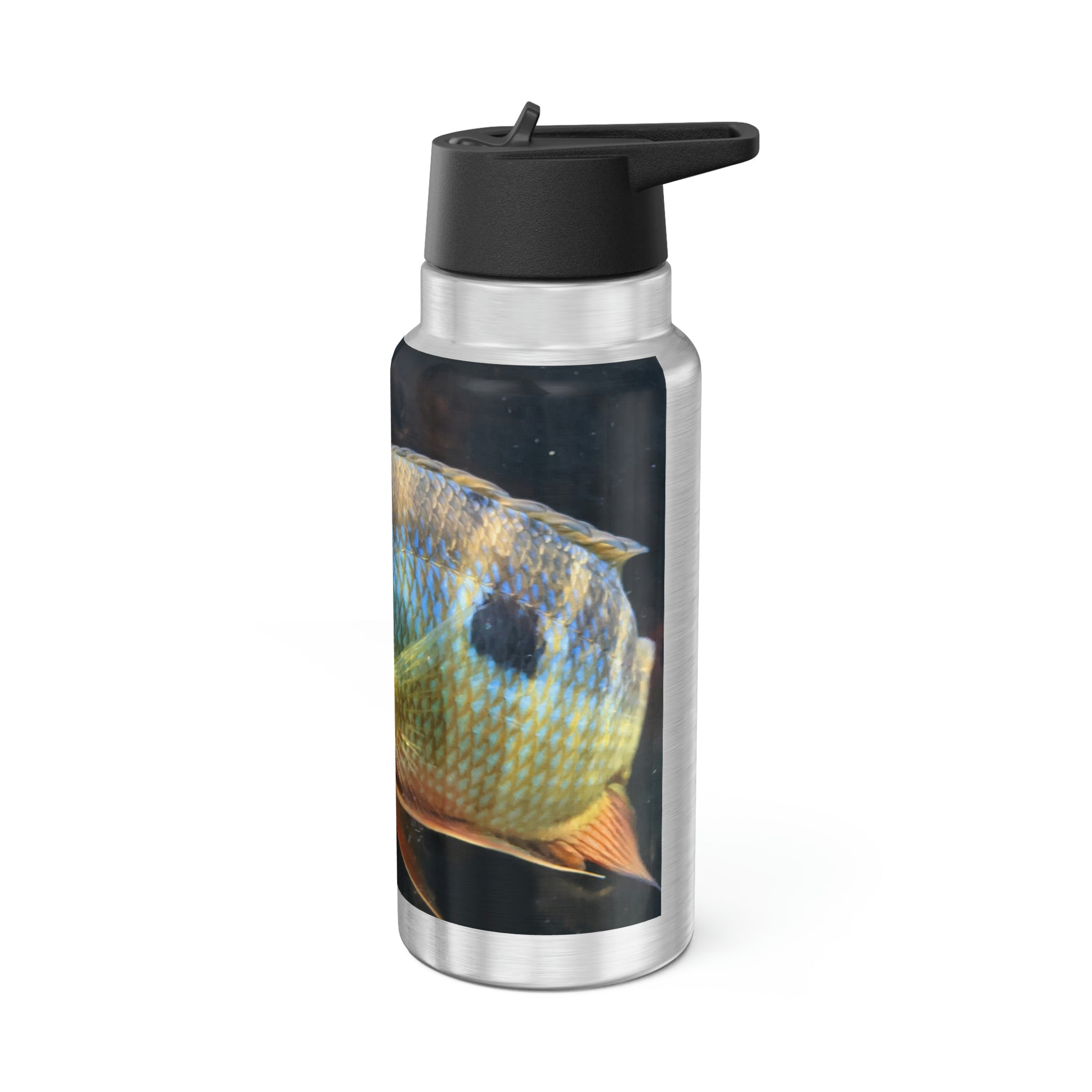 Colorful Fish Gator Tumbler, 32oz, featuring vibrant designs and a stainless steel body with a plastic straw.