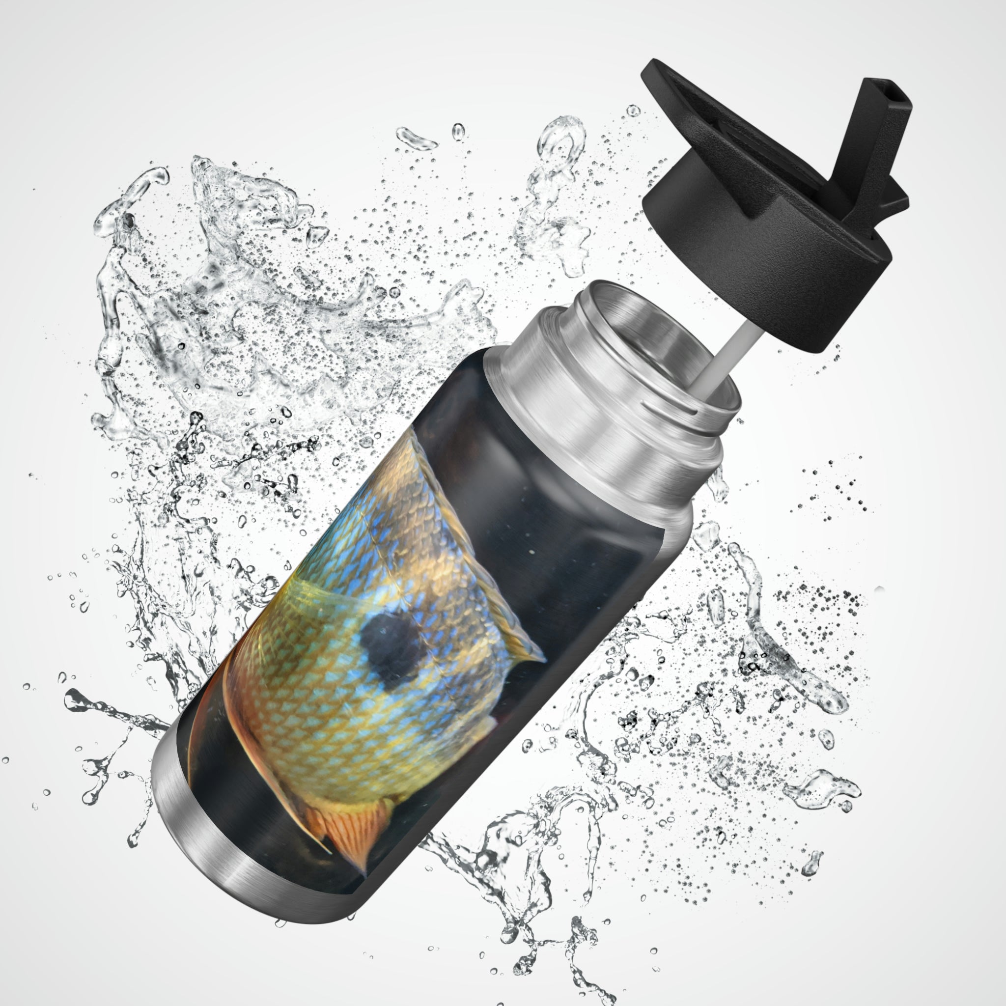 Colorful Fish Gator Tumbler, 32oz, featuring vibrant designs and a stainless steel body with a plastic straw.