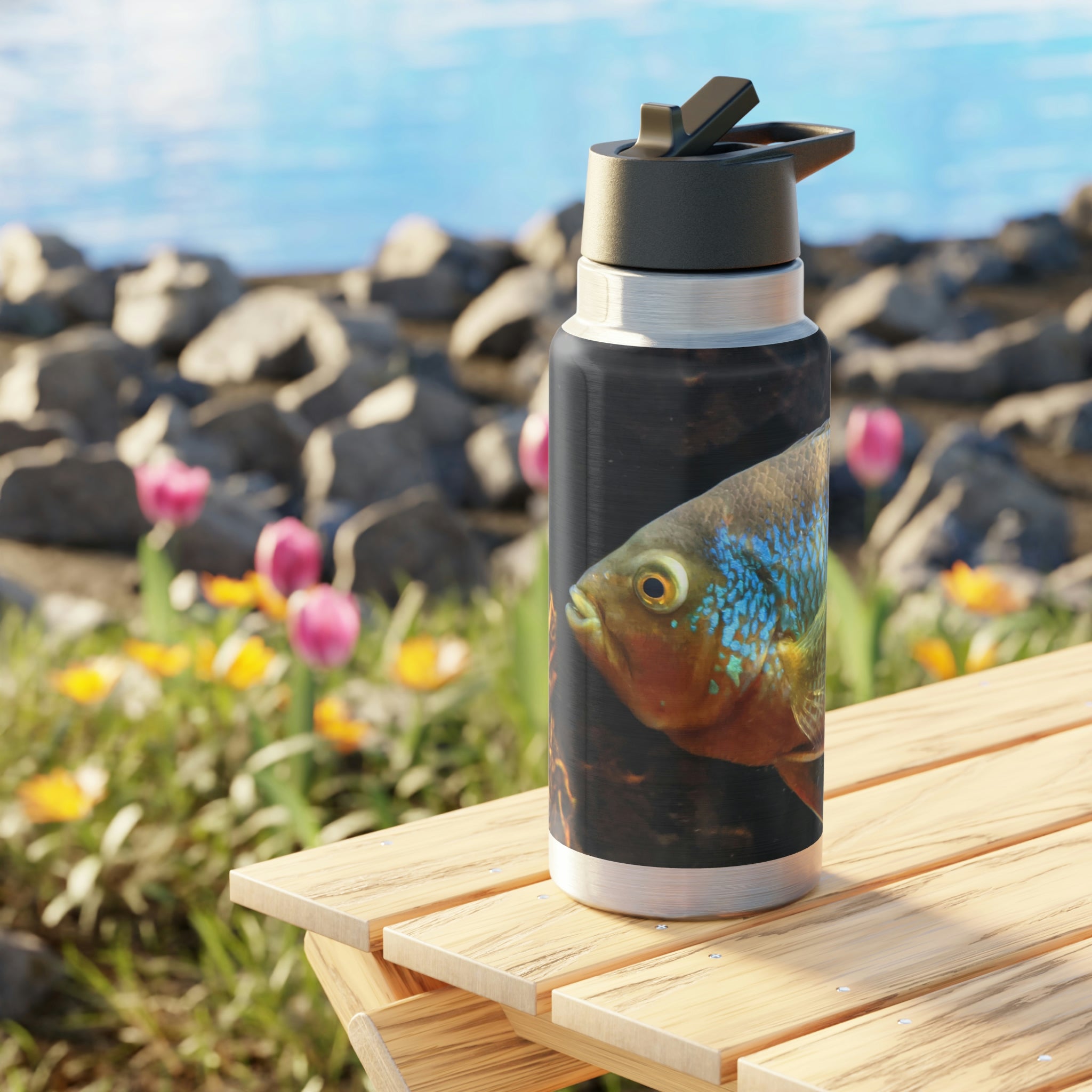 Colorful Fish Gator Tumbler, 32oz, featuring vibrant designs and a stainless steel body with a plastic straw.