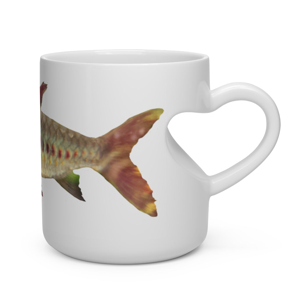A white ceramic heart-shaped mug with a colorful fish design and a heart-shaped handle, perfect for hot beverages.