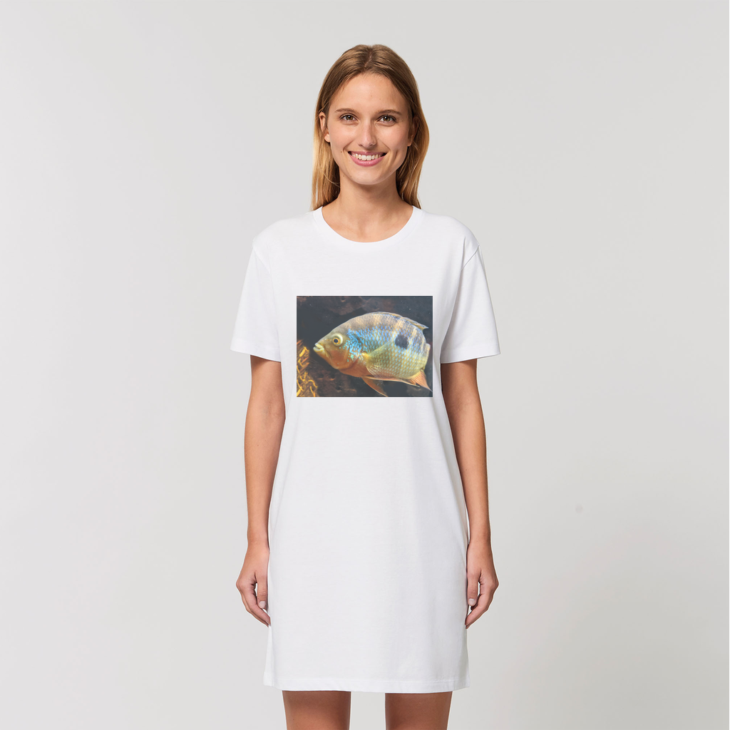 A vibrant Colorful Fish Organic T-Shirt Dress made from 100% organic cotton, featuring a playful fish design and a comfortable fit.