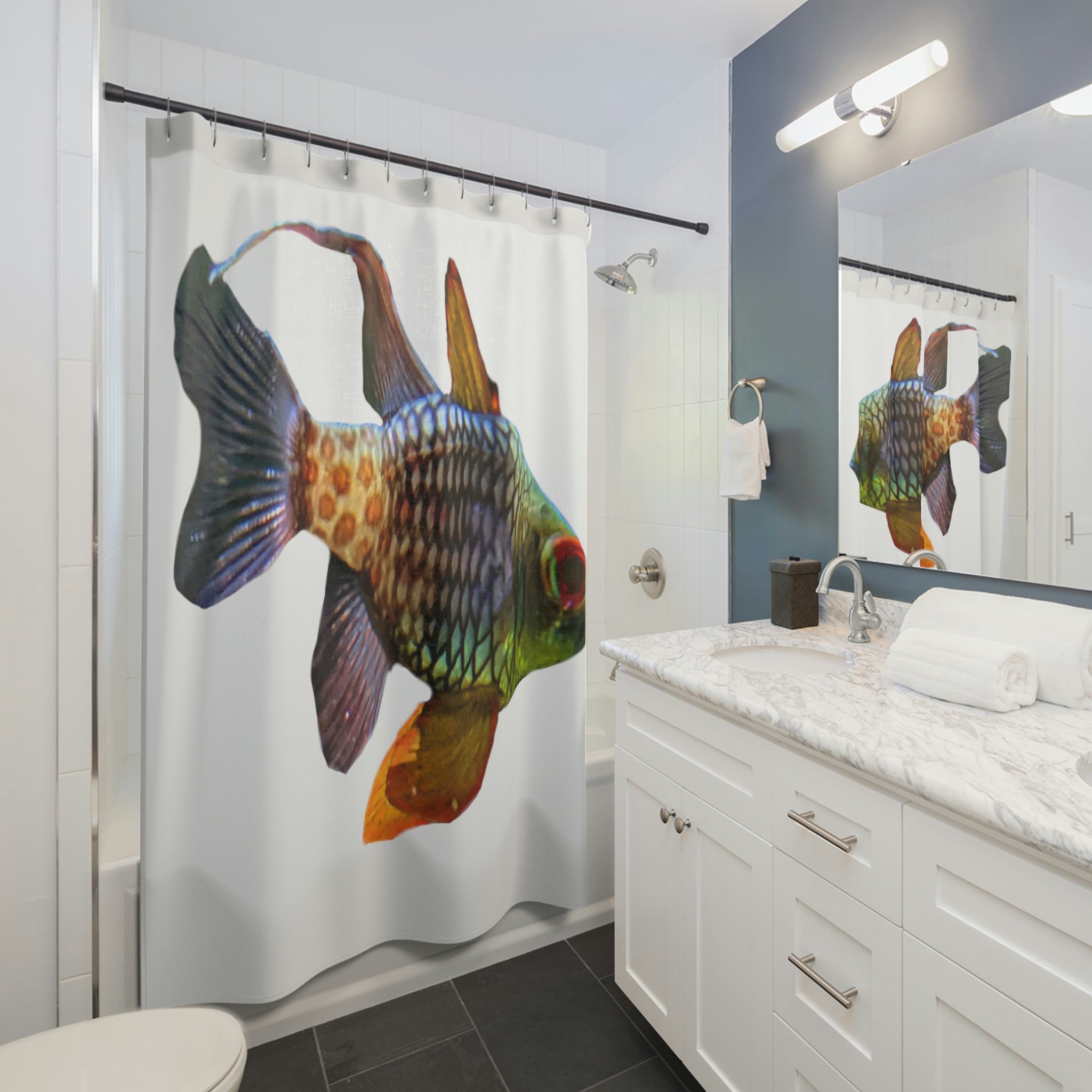 Colorful fish shower curtain featuring vibrant aquatic designs on durable polyester fabric, perfect for bathroom decor.