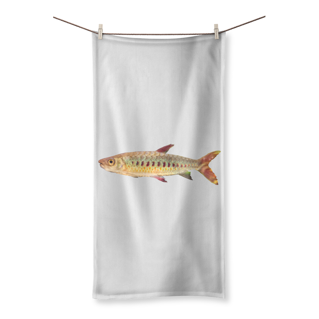 Colorful Fish Sublimation All Over Towel featuring vibrant fish designs on a polyester front and soft cotton back, ideal for beach or bath use.