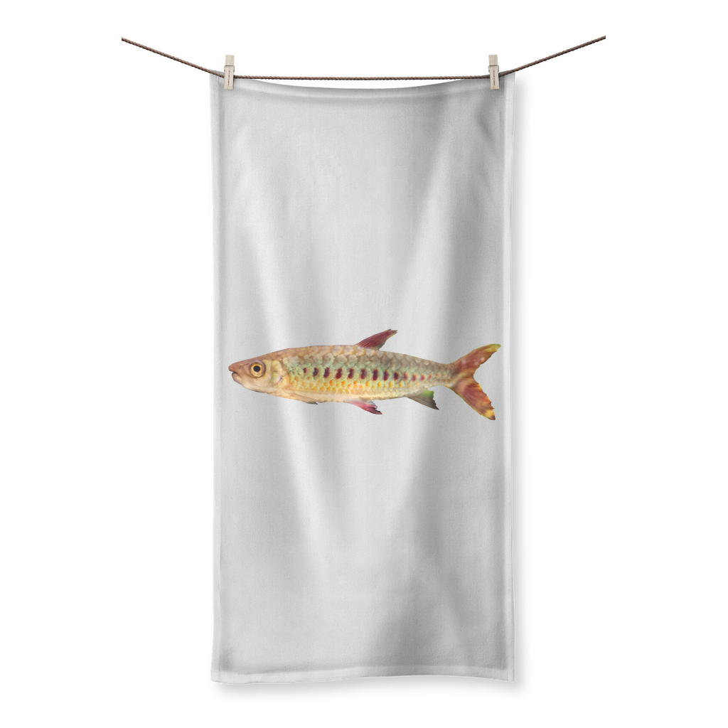 Colorful Fish Sublimation All Over Towel featuring vibrant fish designs on a polyester front and soft cotton back, ideal for beach or bath use.