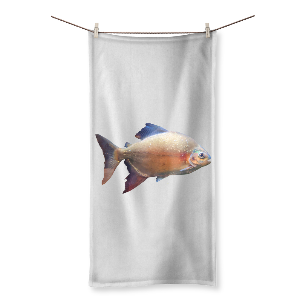 Colorful Fish Sublimation All Over Towel showcasing vibrant fish designs on one side and soft cotton backing on the other.