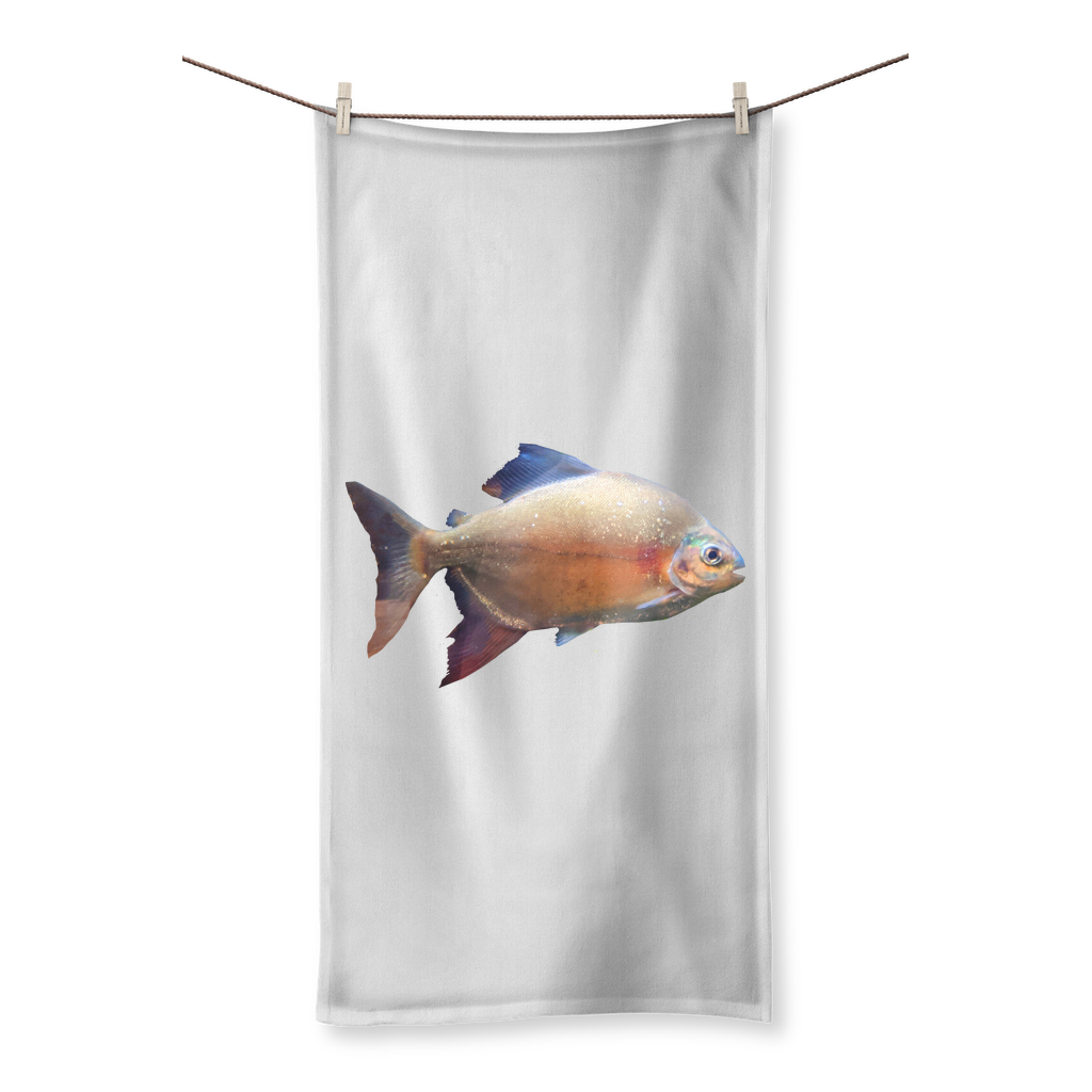 Colorful Fish Sublimation All Over Towel showcasing vibrant fish designs on one side and soft cotton backing on the other.