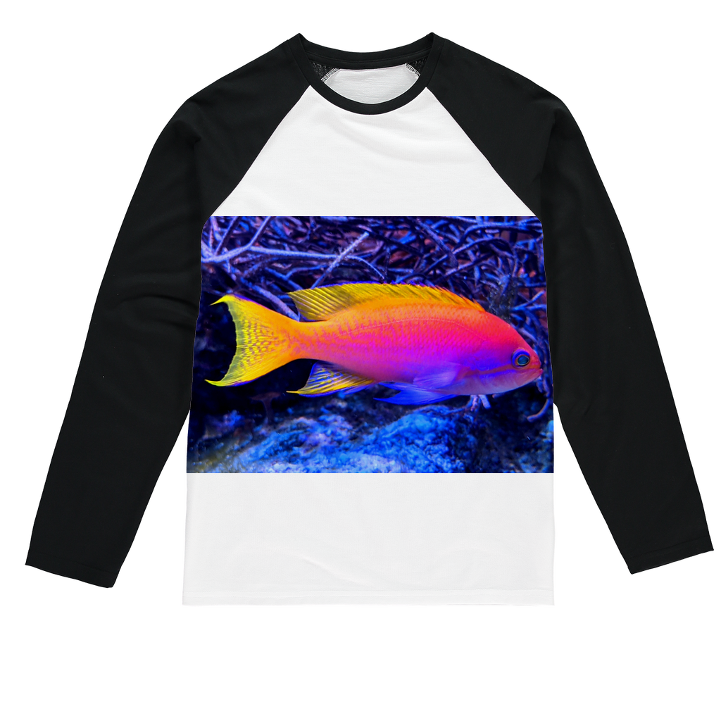 Colorful Fish Sublimation Baseball Long Sleeve T-Shirt featuring vibrant fish design and comfortable fit.