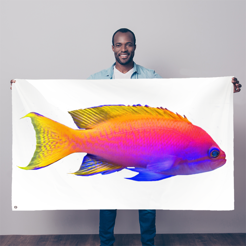 Colorful Fish Sublimation Flag featuring vibrant fish designs on durable polyester fabric, ideal for outdoor decoration.
