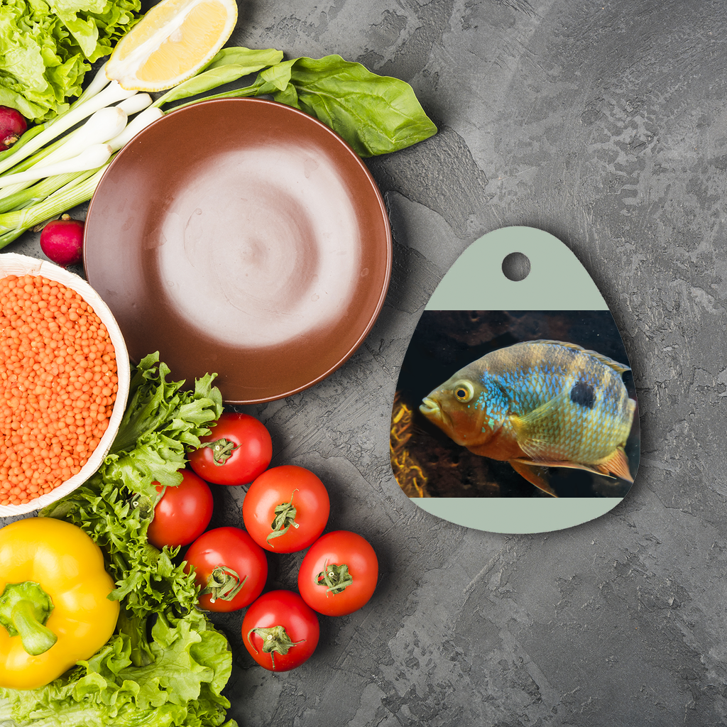 Colorful Fish Sublimation Glass Cutting Board with vibrant designs and toughened glass material, featuring rubber feet for stability.