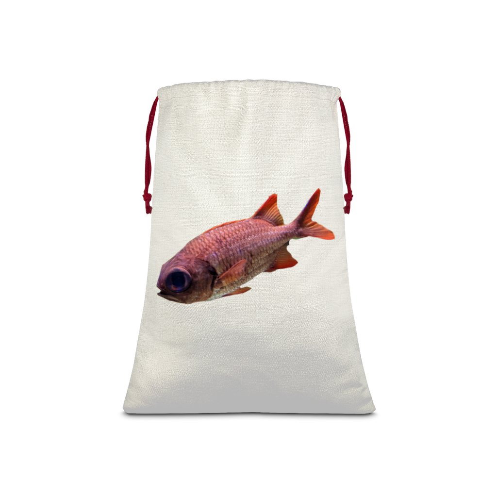 Colorful Fish Sublimation Linen Drawstring Sack with red drawstring, featuring vibrant fish design, ideal for Christmas gifts and laundry.