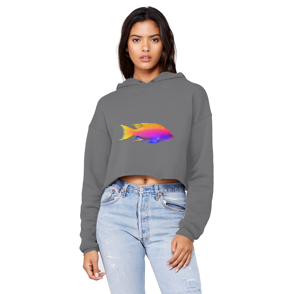Colorful Fish Unisex Cropped Raw Edge Boyfriend Hoodie featuring a relaxed fit and stylish raw edge hem.
