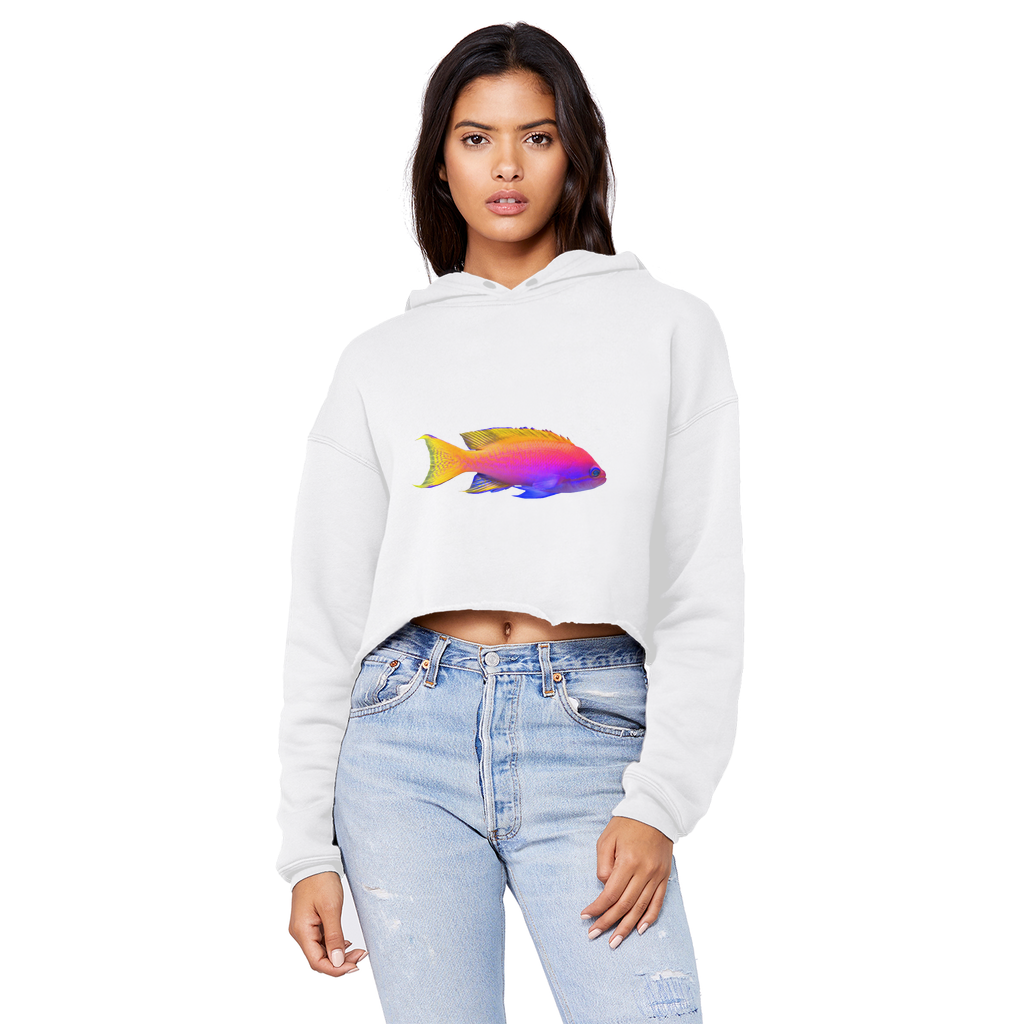 Colorful Fish Unisex Cropped Raw Edge Boyfriend Hoodie featuring a relaxed fit and stylish raw edge hem.