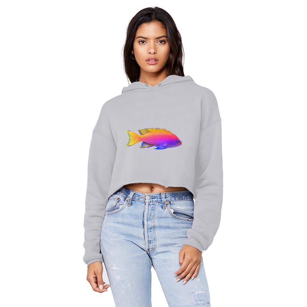 Colorful Fish Unisex Cropped Raw Edge Boyfriend Hoodie featuring a relaxed fit and stylish raw edge hem.