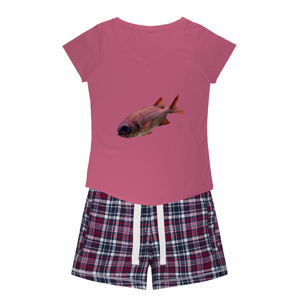 Colorful Fish Women's Sleepy Tee and Flannel Short set featuring a relaxed fit T-shirt and vibrant flannel shorts, perfect for cozy nights.