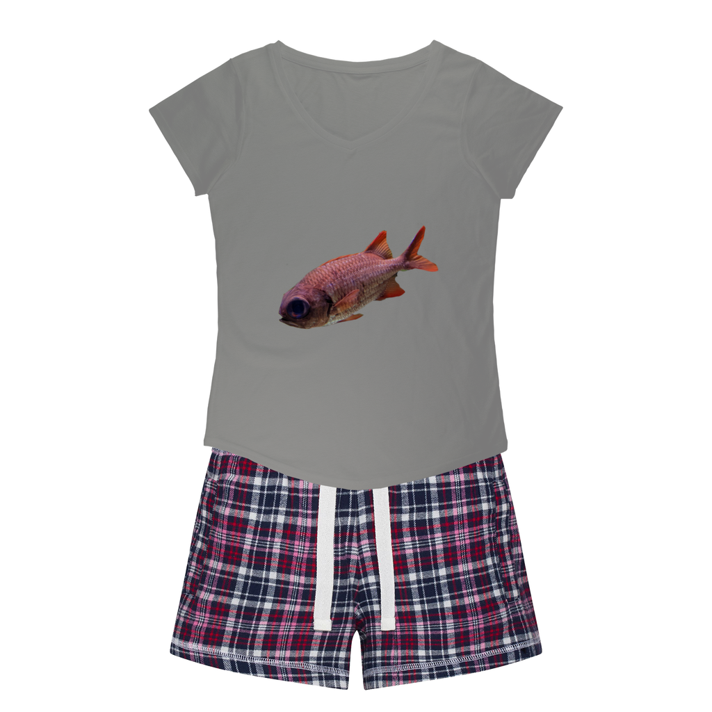 Colorful Fish Women's Sleepy Tee and Flannel Short set featuring a relaxed fit T-shirt and vibrant flannel shorts, perfect for cozy nights.