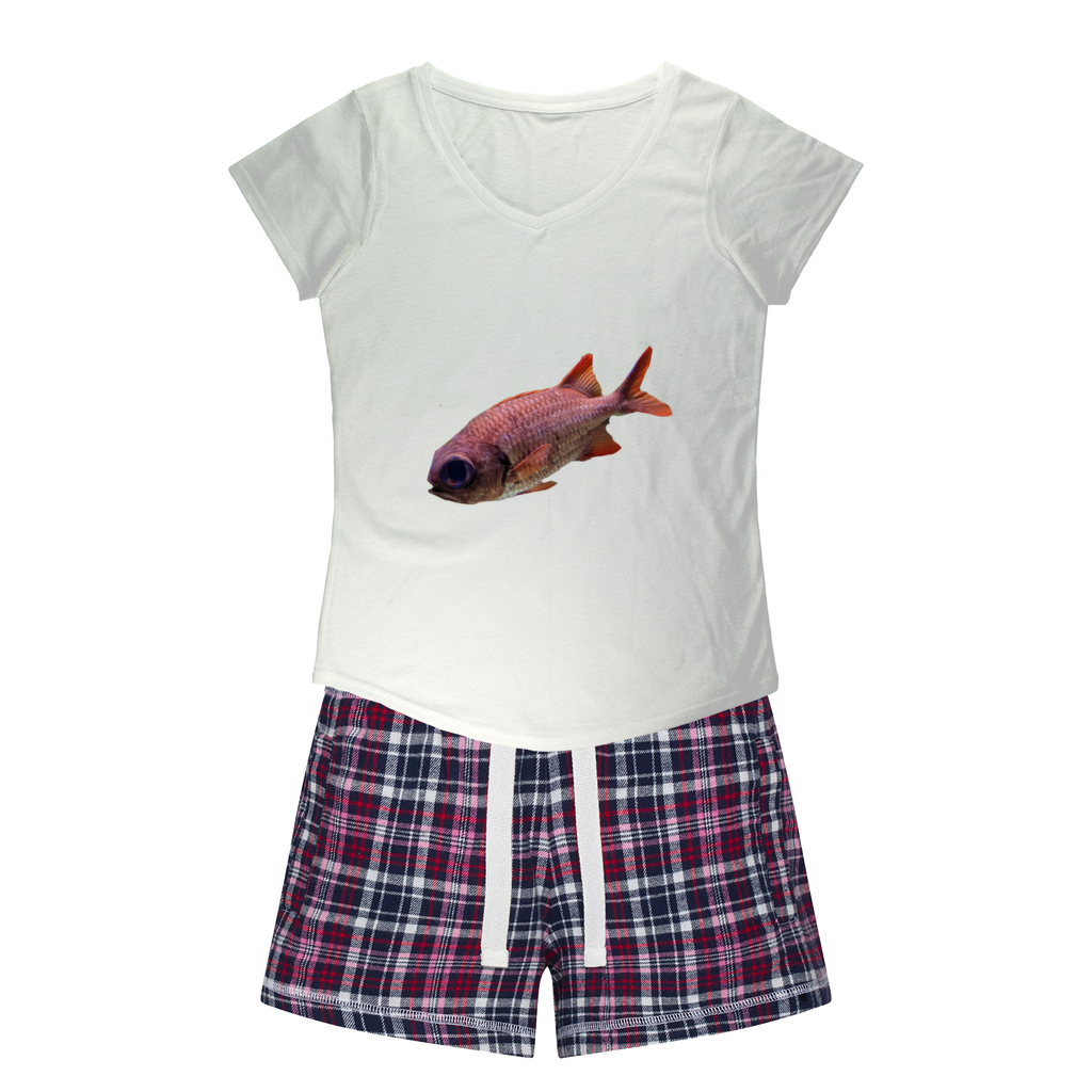 Colorful Fish Women's Sleepy Tee and Flannel Short set featuring a relaxed fit T-shirt and vibrant flannel shorts, perfect for cozy nights.