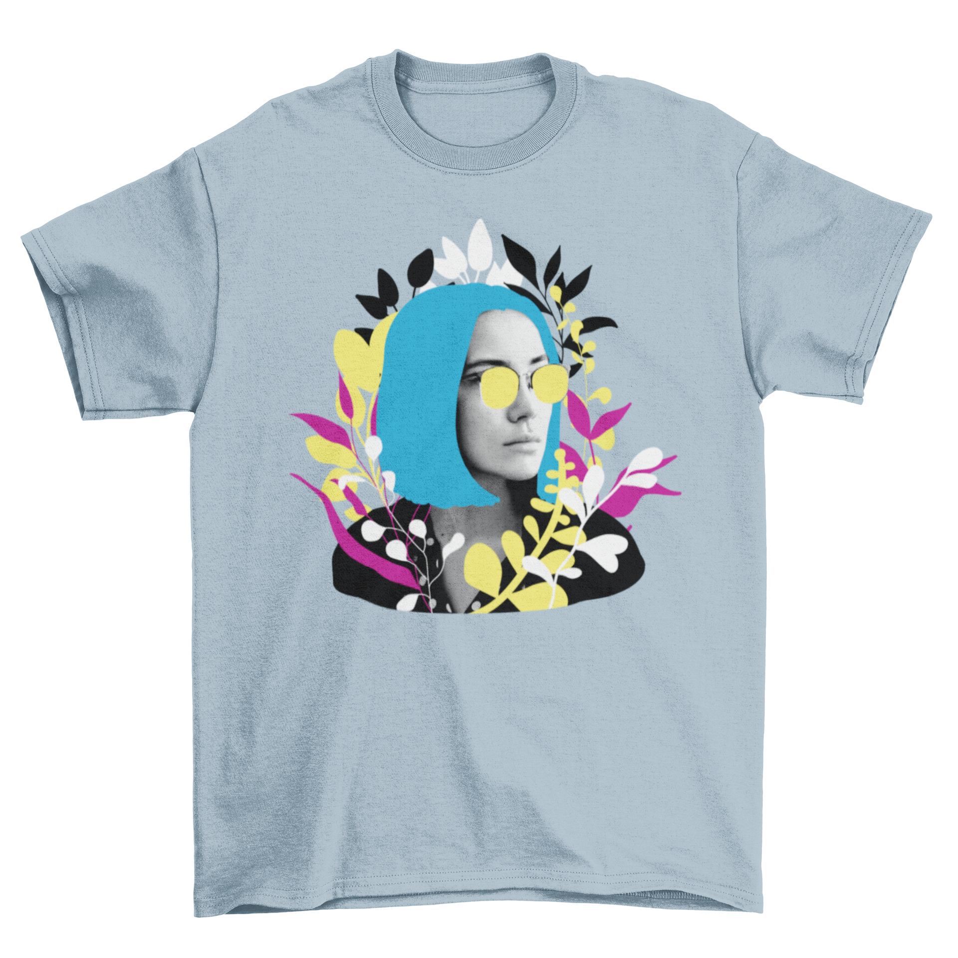 Colorful Girl Floral Tee featuring a girl in glasses with vibrant floral designs on the back.