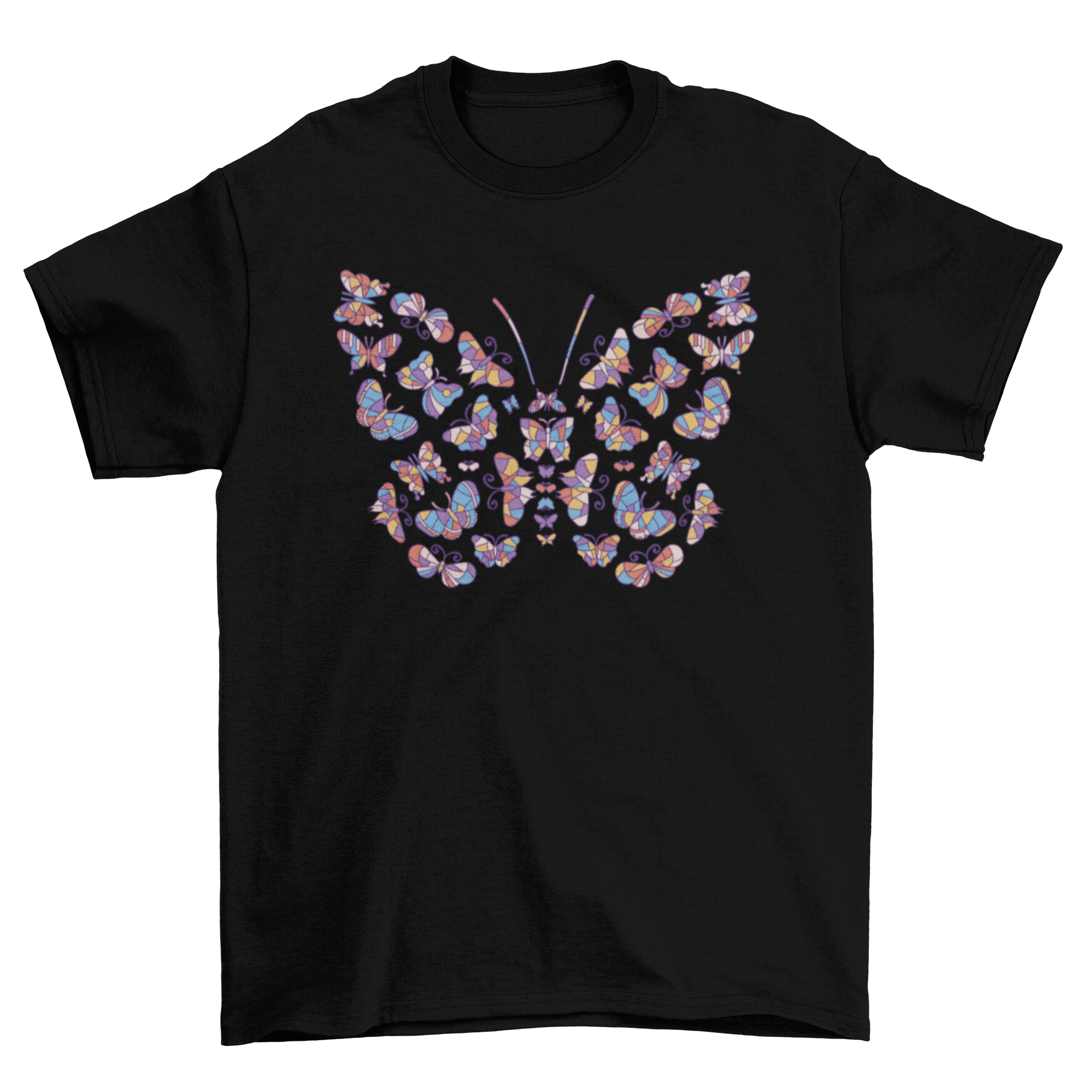 Colorful t-shirt design featuring a butterfly made of multiple glass butterflies in vibrant colors.