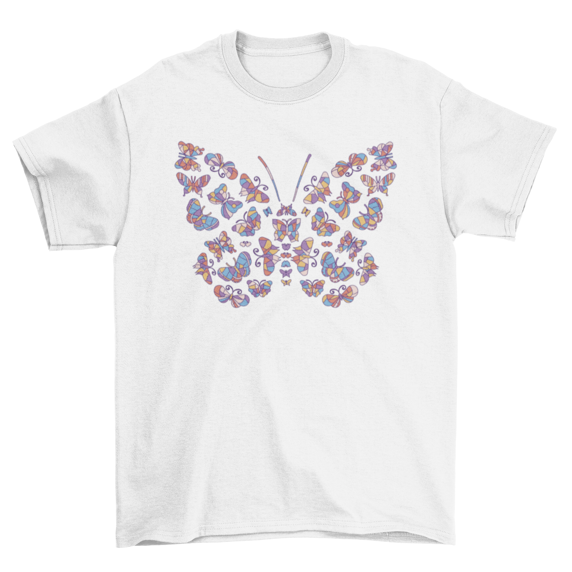 Colorful t-shirt design featuring a butterfly made of multiple glass butterflies in vibrant colors.