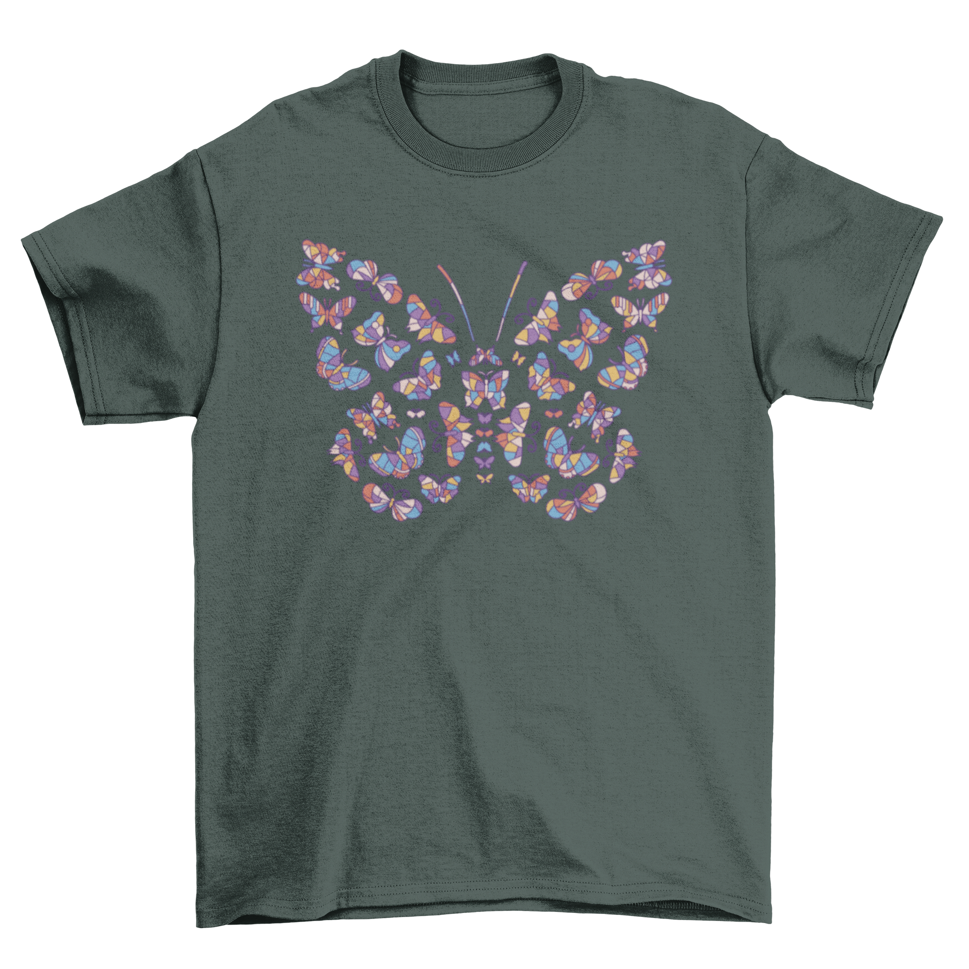 Colorful t-shirt design featuring a butterfly made of multiple glass butterflies in vibrant colors.