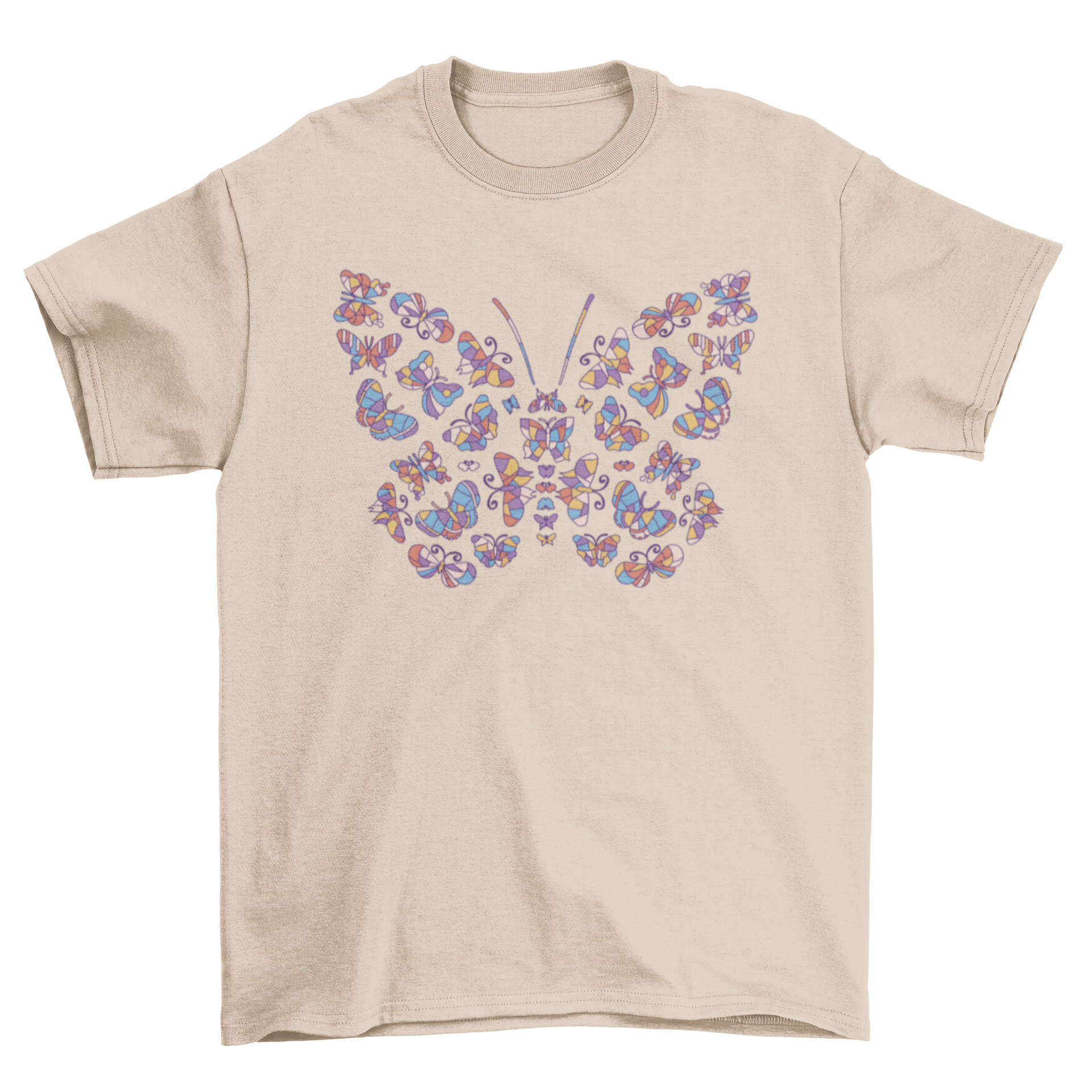 Colorful t-shirt design featuring a butterfly made of multiple glass butterflies in vibrant colors.
