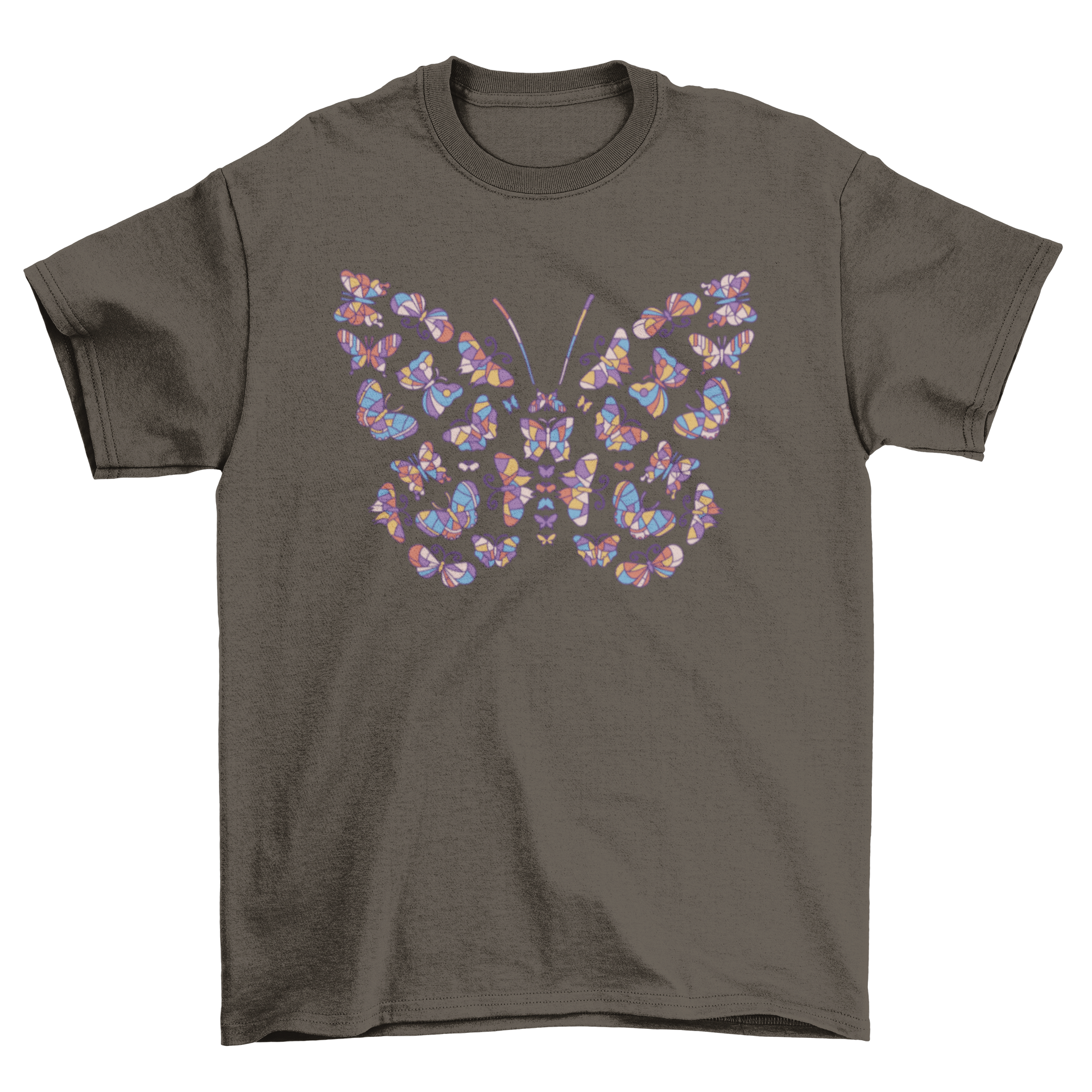 Colorful t-shirt design featuring a butterfly made of multiple glass butterflies in vibrant colors.