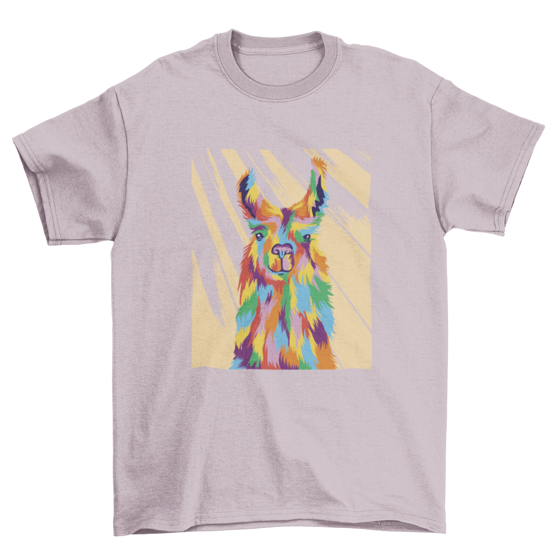 Colorful llama animal t-shirt featuring a vibrant llama design in multiple colors on a soft fabric.