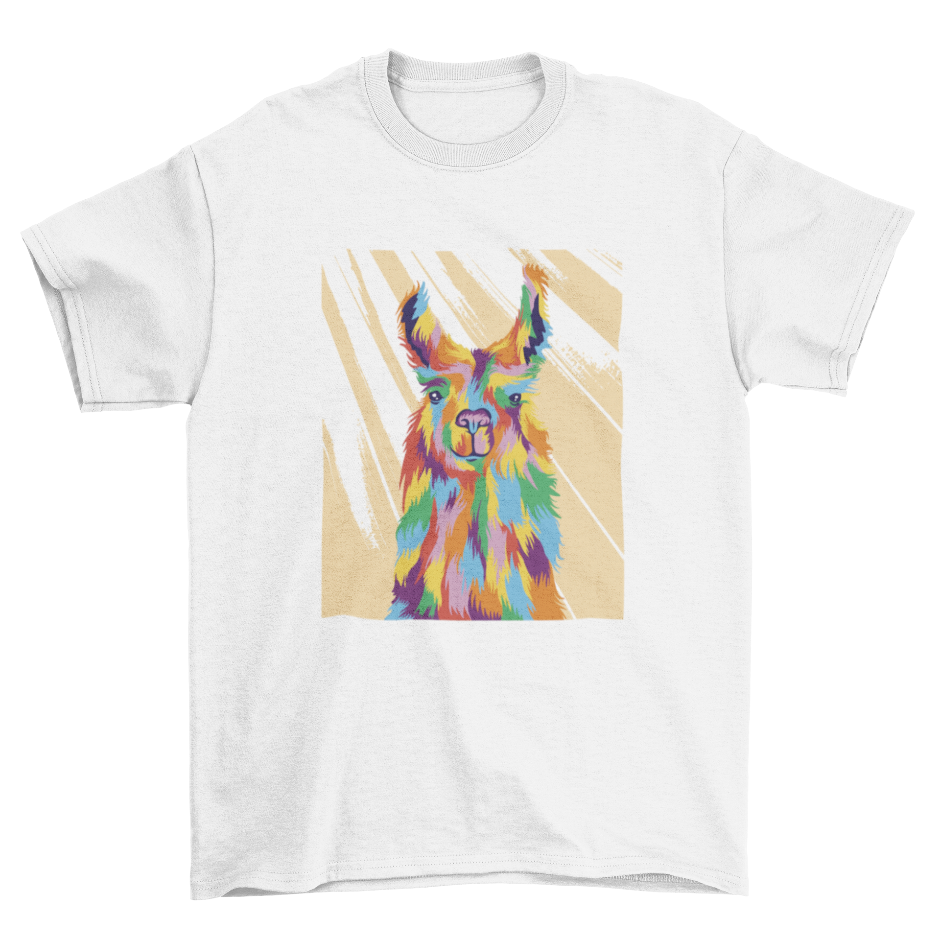 Colorful llama animal t-shirt featuring a vibrant llama design in multiple colors on a soft fabric.